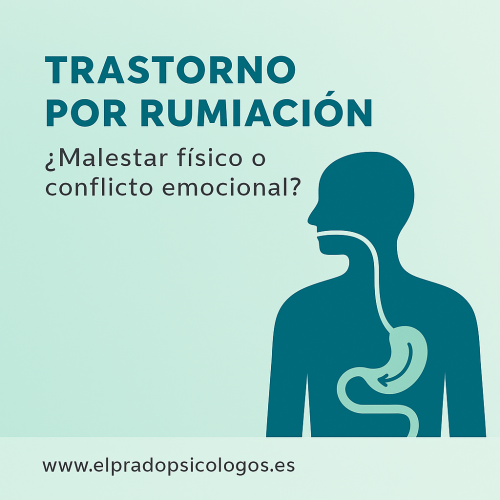 Infografía sobre el trastorno por rumiación: silueta del tracto digestivo y pregunta ‘¿Malestar físico o conflicto emocional?’